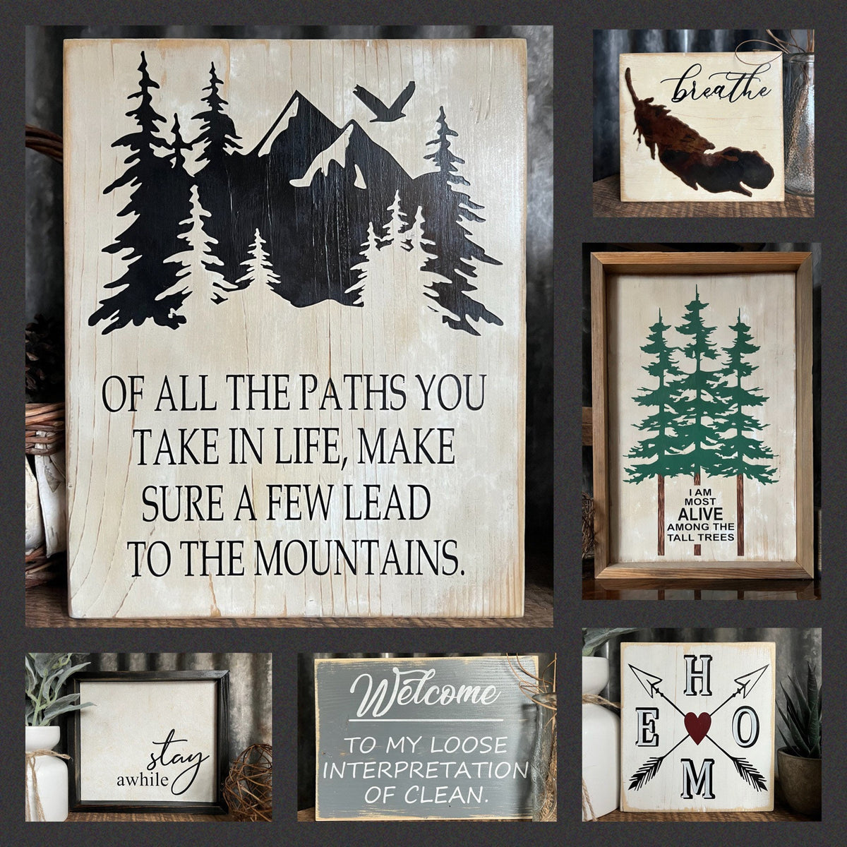 Breathe Wood Sign: Farmhouse Tiered Tray Decor with Metal Feather