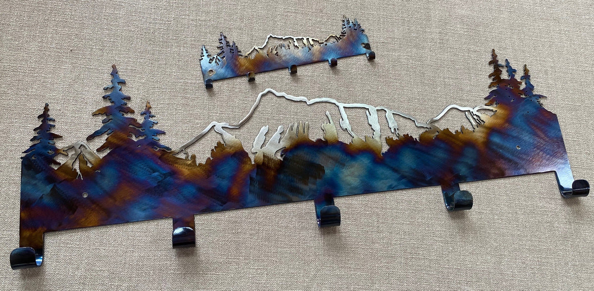 Mountain Towel Hanger: Metal Art Cabin Decor with 5 Hooks