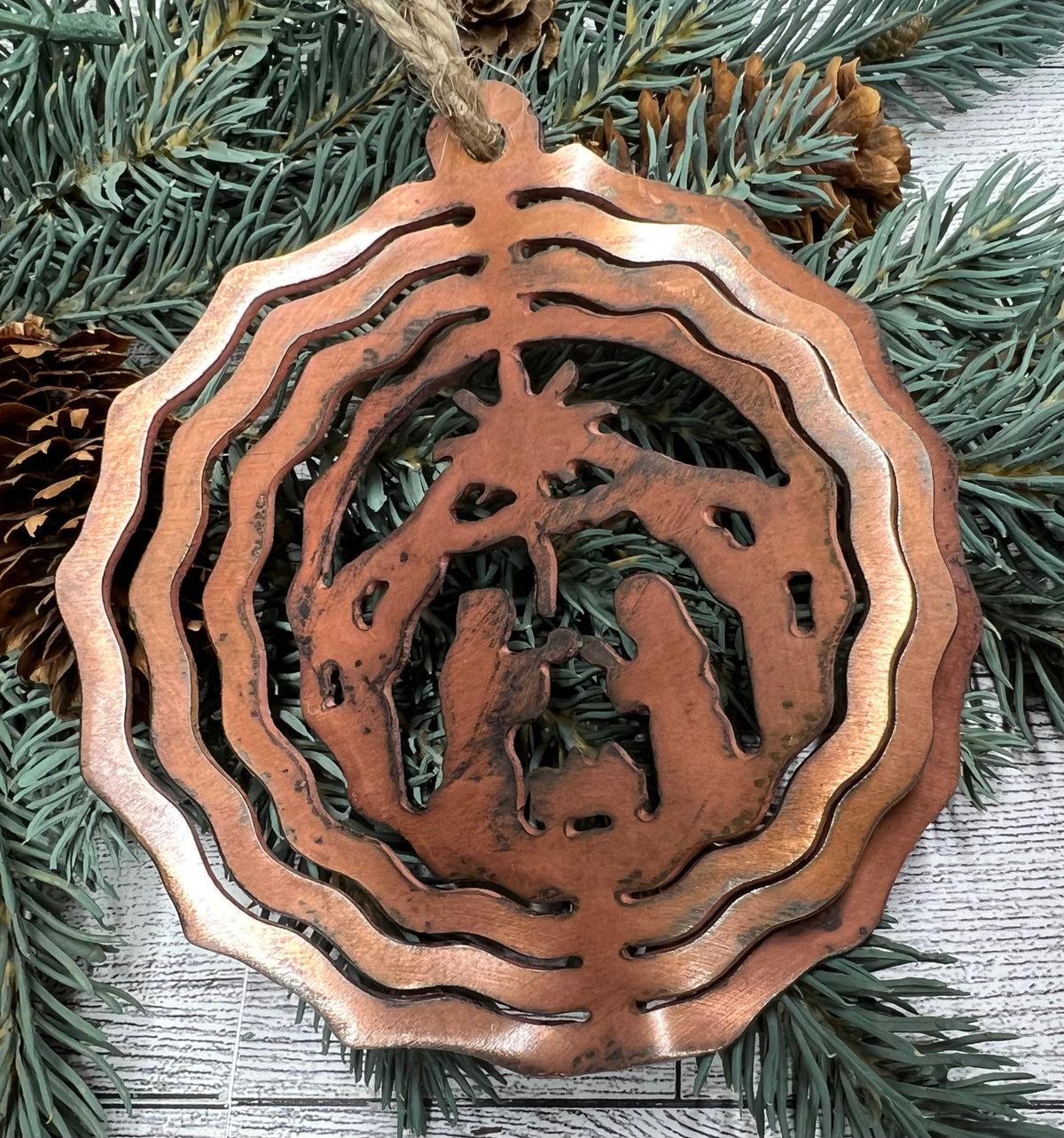 Rustic Copper Patina Metal 3D Nativity Ornament - Cabin Christmas Decor