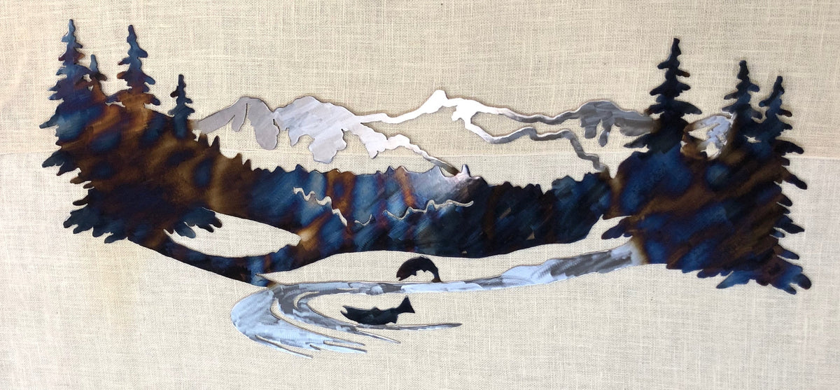 Heat-Treated Metal Mountain Scene Wall Art: Cabin Lodge Decor