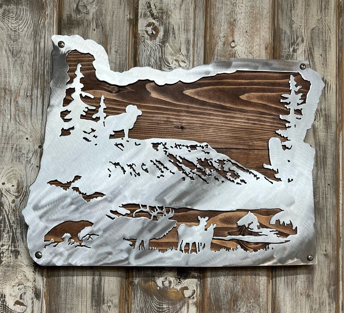 Custom State Metal Art: Elk & Trees, Wildlife Decor