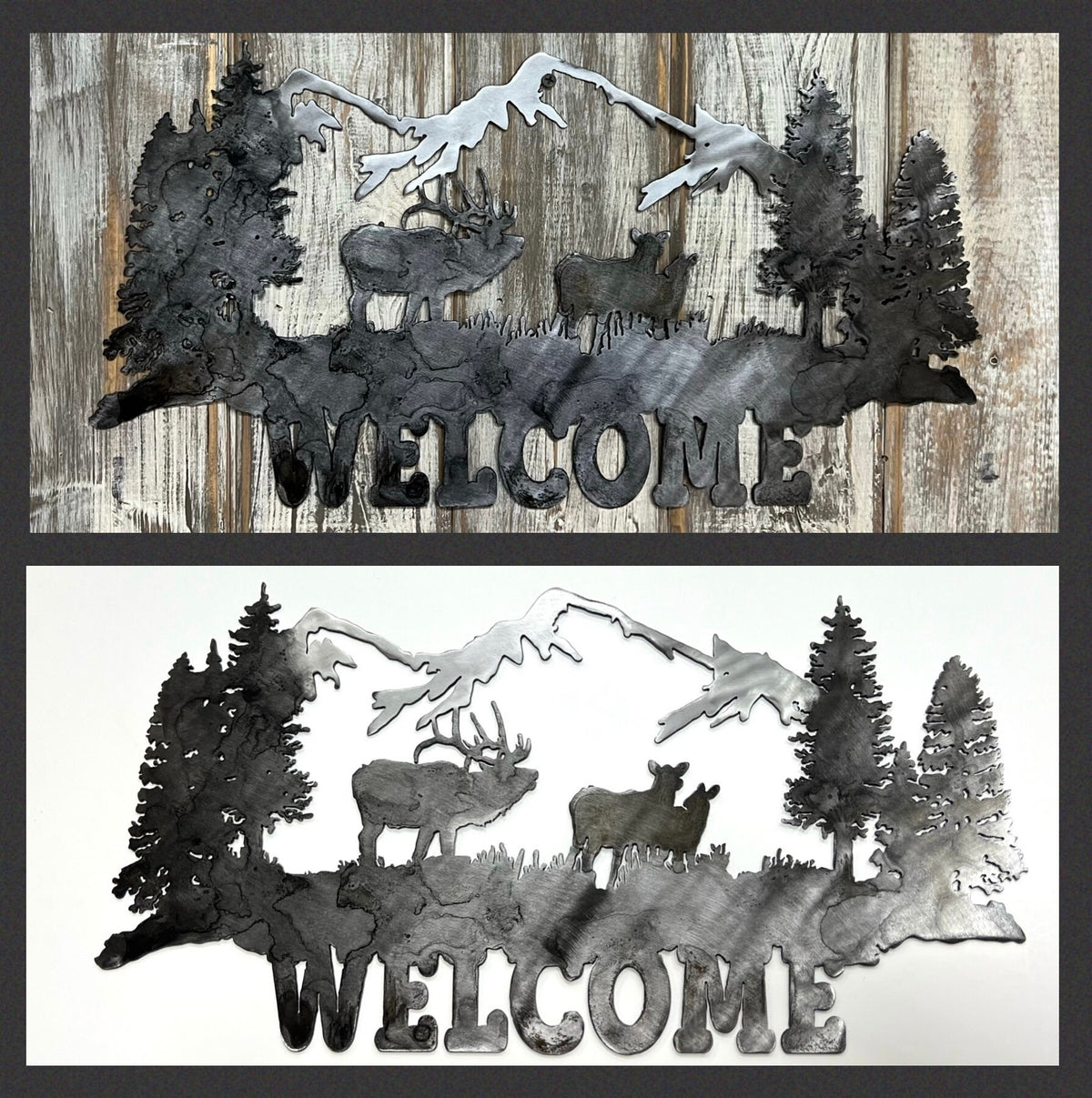 Metal Mountain Scene Welcome Sign: Elk Cabin Decor