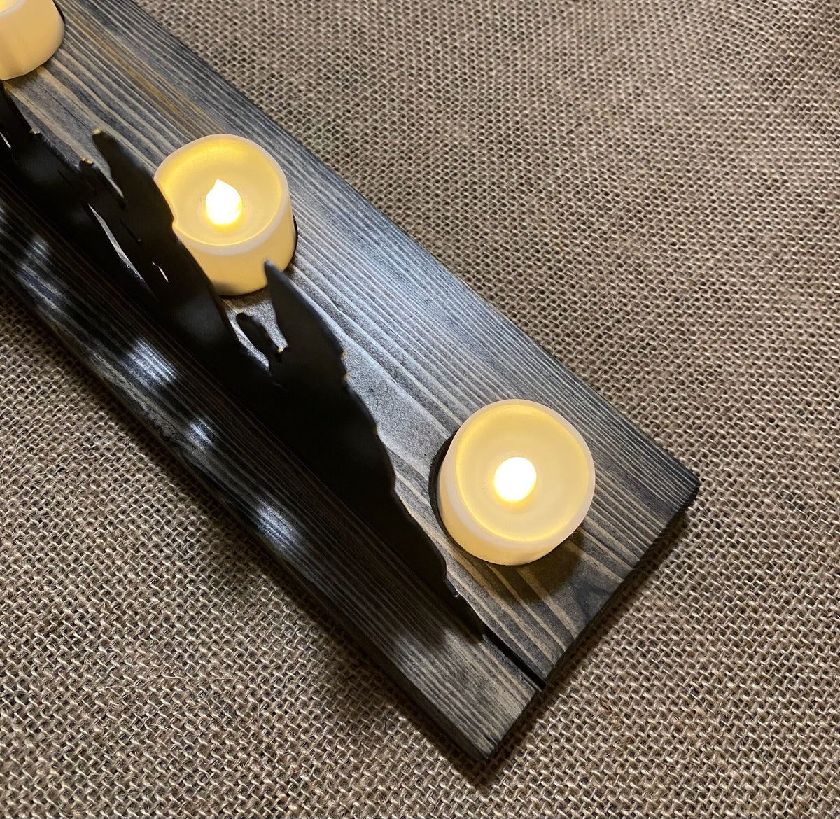 Metal Nativity Scene with Ebony Wood Base & LED Candles