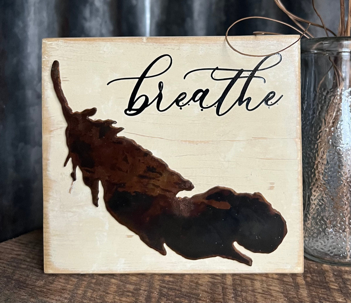 Breathe Wood Sign: Farmhouse Tiered Tray Decor with Metal Feather