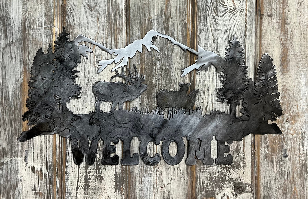 Metal Mountain Scene Welcome Sign: Elk Cabin Decor
