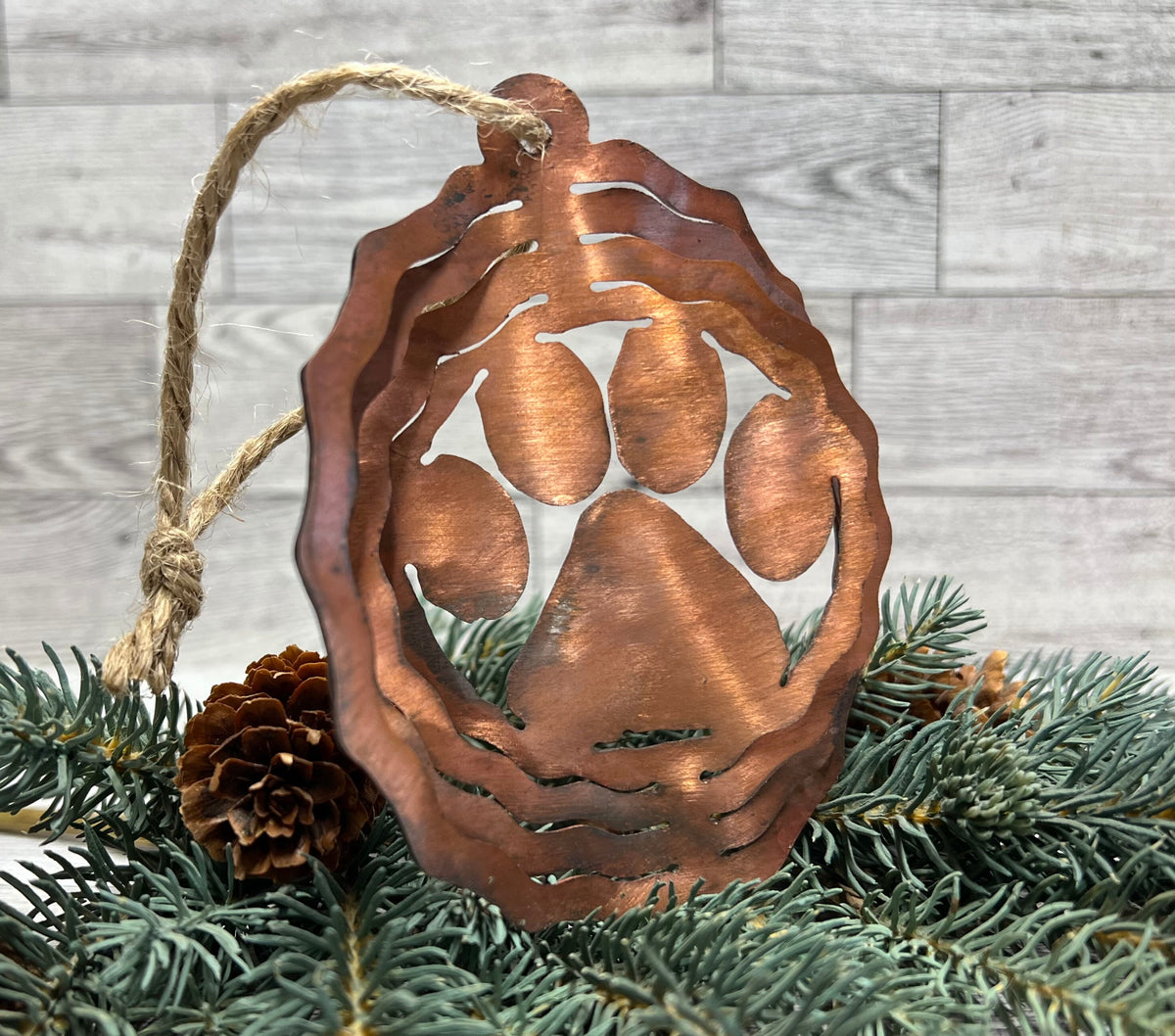 Rustic Copper Patina Metal 3-D Paw Print Ornament: Cabin Decor