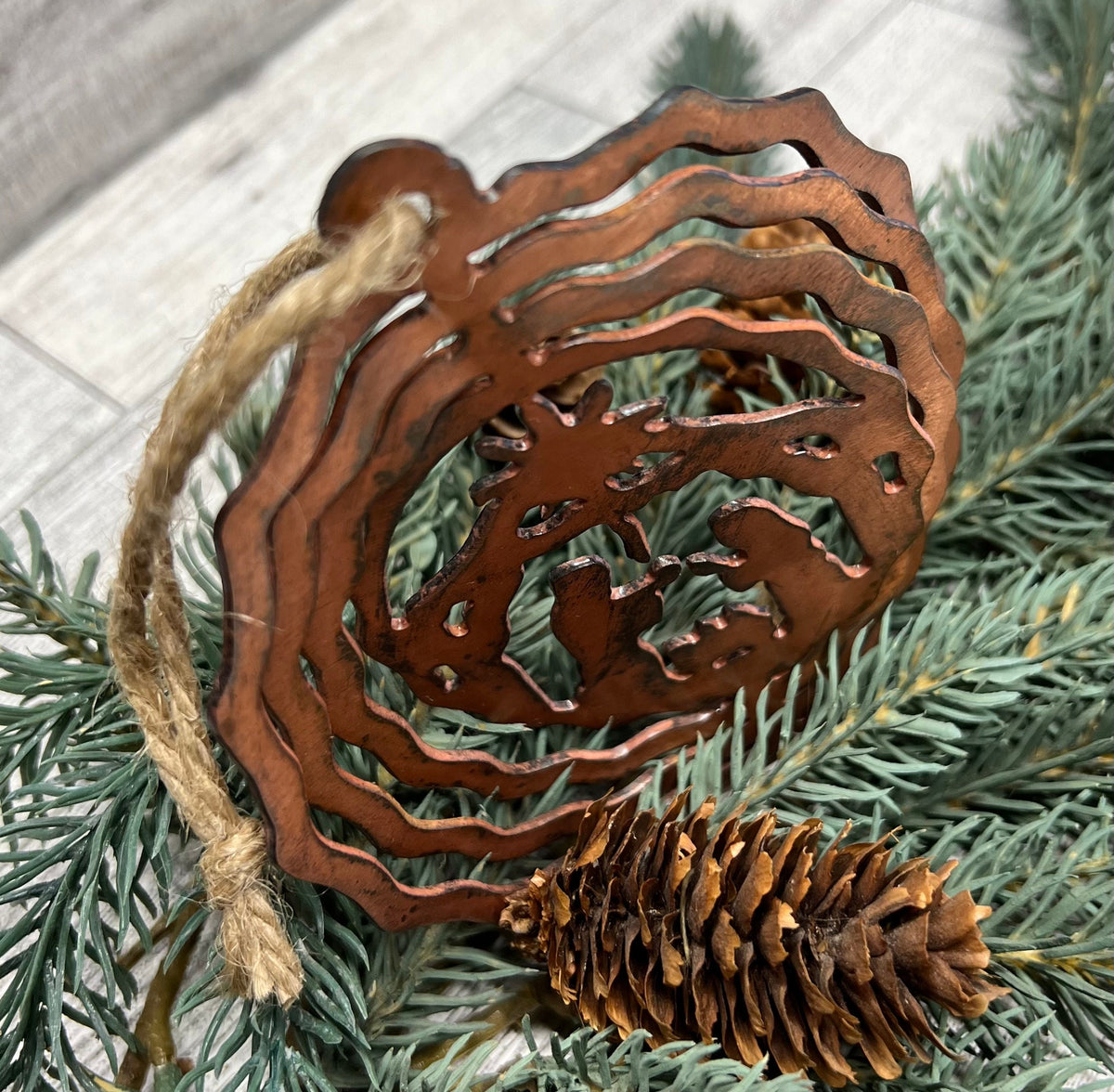 Rustic Copper Patina Metal 3D Nativity Ornament - Cabin Christmas Decor
