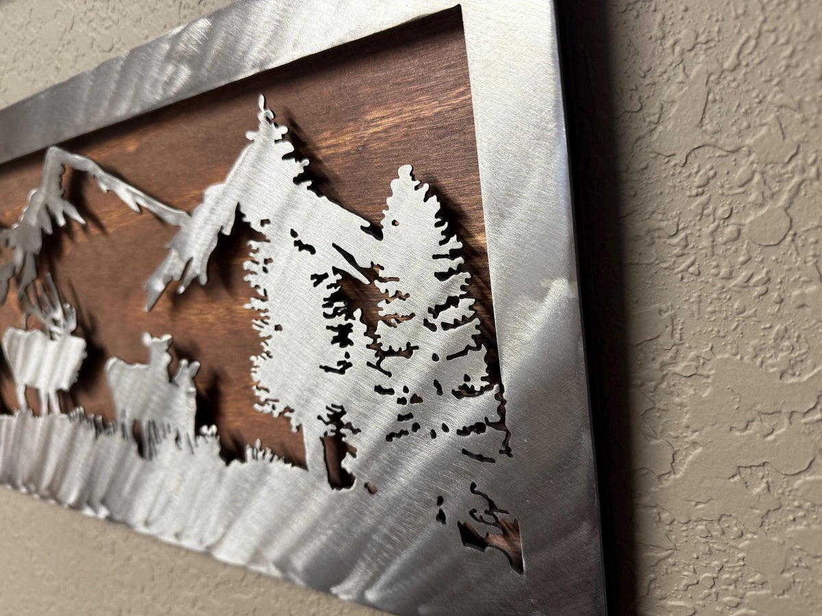 Metal and Wood Elk Scene: Rustic Mountain Wall Art