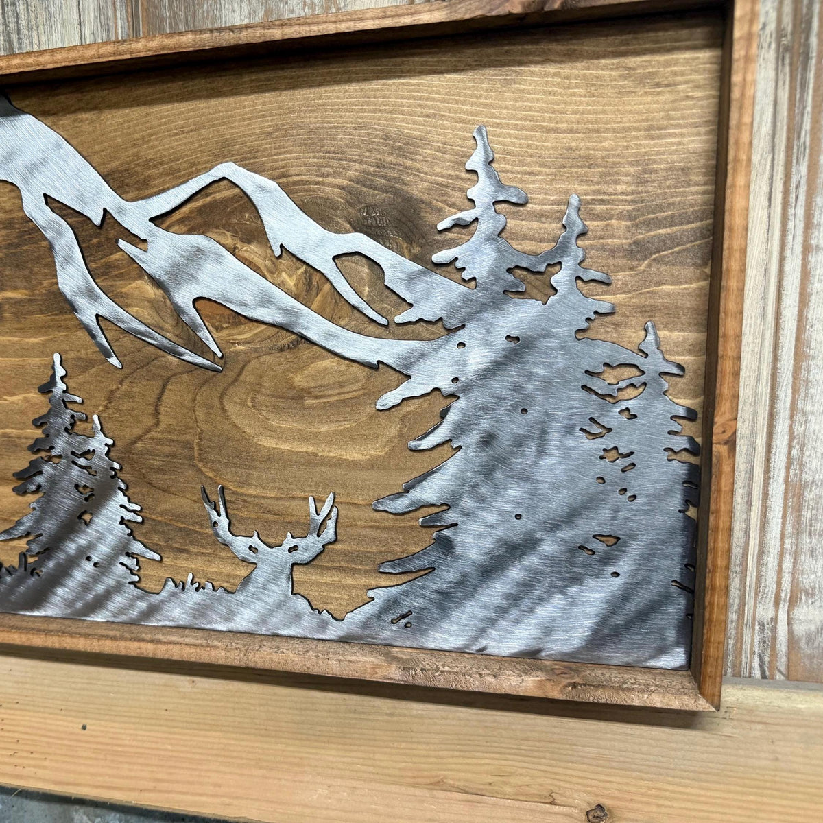 Elk & Mule Deer Mountain Scene: Polished Metal Cabin Decor