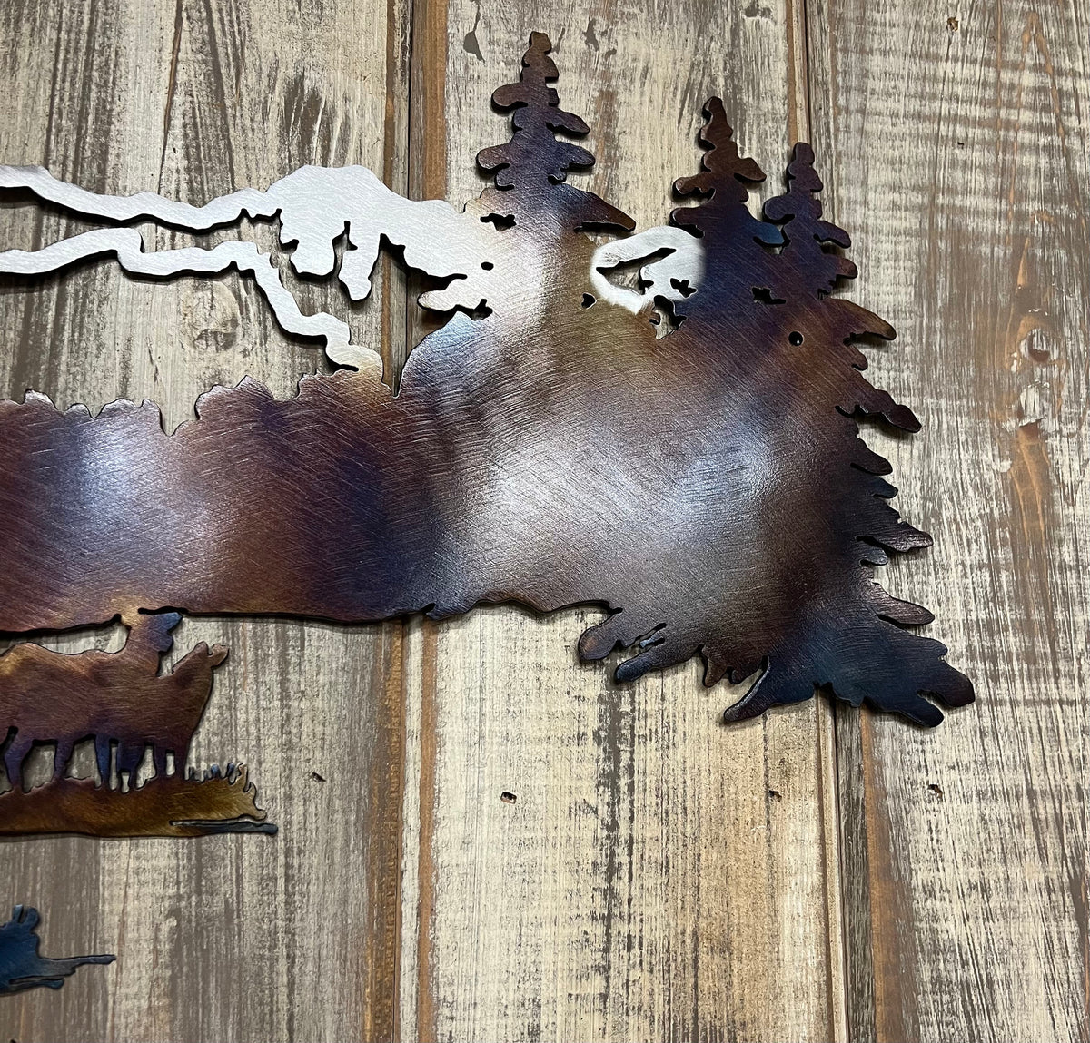 Metal Elk Mountain Scene Wall Art: Heat-Colored Cabin Lodge Decor
