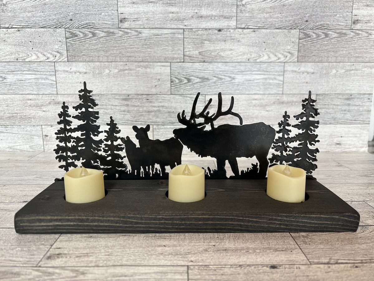 Elk Scene Candle Holder: Rustic Cabin Decor with LED Candles